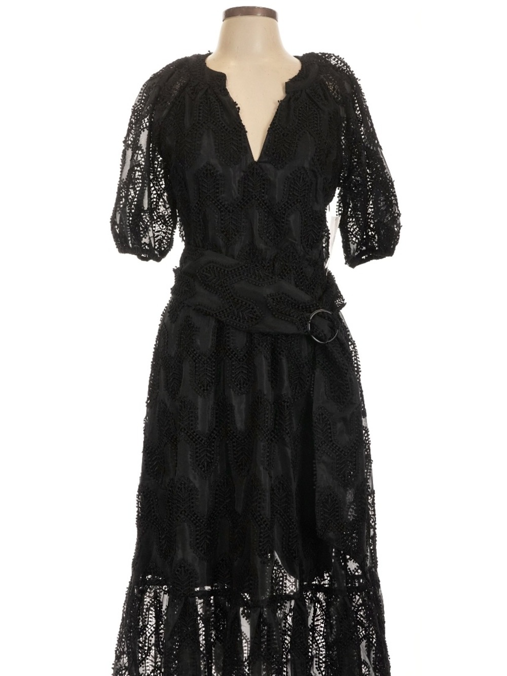 Shoshanna Black Lace Midi Dress with Puff Sleeves and Belt